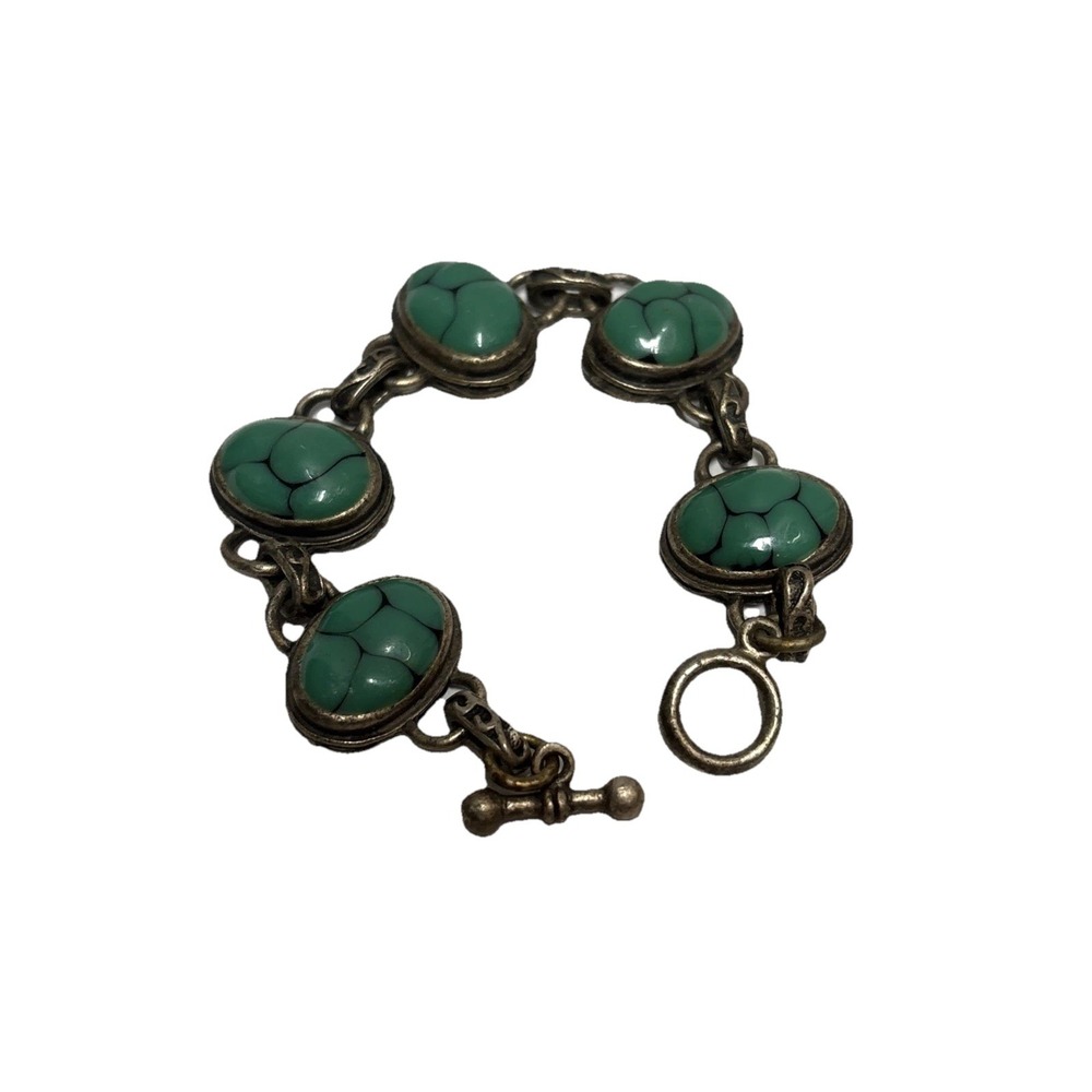 Bracelet Vintage Green Turquose Style  Cabochons Link silver tone 7 inch‎ toggle
